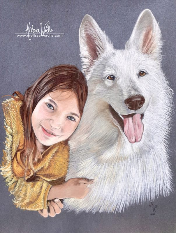 Dog and girl portrait pastel by Mélissa WACHS